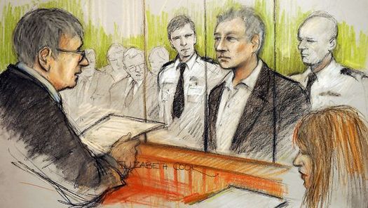 Elizabeth Cook's artist impression of WikiLeaks founder Julian Assange's appearance at Westminster Magistrates Court in London, where he was denied bail after appearing on an extradition warrant. [AP] 