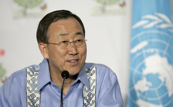United Nations Secretary-General Ban Ki-moon addresses the media at a news conference during climate talks in Cancun December 7, 2010. [Photo/China Daily via Agencies]
