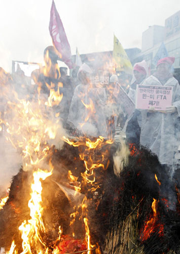 South Korean farmers burn an effigy representing the US-South Korea Free Trade Agreement at a rally in Seoul Dec 8, 2010. [China Daily/Agencies]