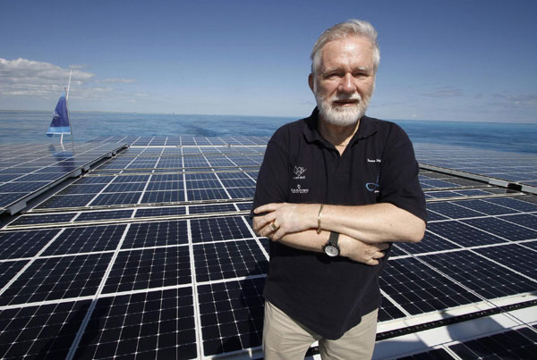 Immo Stroher, owner of the world&apos;s largest solar-powered boat, stands on its deck in Cancun December 8, 2010. The Turanor Planet Solar arrived in Cancun on December 6 as part of its expedition around the globe and as climate talks are under way in the beach resort. [China Daily/Agencies] 