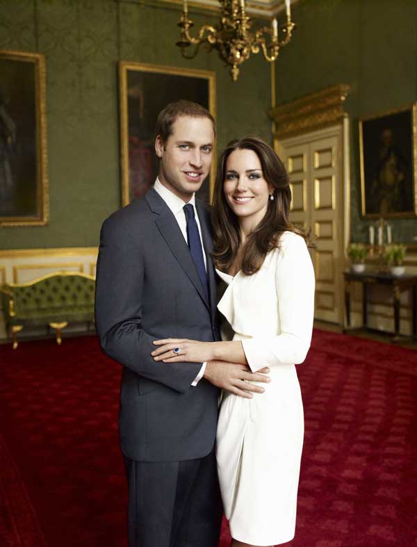 Britain's Prince William and Catherine Middleton pose in one of two official engagement portraits, taken by photographer Mario Testino in the Cornwall Room at St James's Palace in London on November 25, 2010. [Xinhua] 