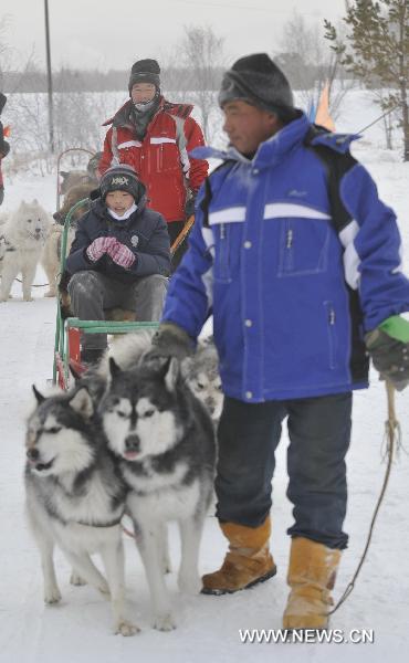 A child rides a sledge at the opening ceremony of the Genhe snow festival in Genhe, north China&apos;s Inner Mongolia Autonomous Region, Dec. 12, 2010. The annual snow festival kicked off here Sunday as temperature in Genhe hit as low as minus 45 degrees Celsius. [Xinhua]