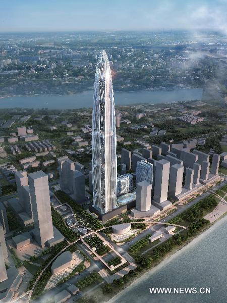 Effect drawing shows Greenland Group&apos;s 606-meter building in Wuhan, capital of central China&apos;s Hubei Province. Ground was broken for the building in Wuhan on Dec. 8, 2010. 