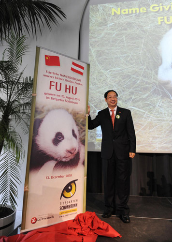 Shi Mingde, Chinese ambassador to Austria, unveils the name of the Austria-born panda cub at Vienna&apos;s Schoenbrunn Zoo, Dec 13, 2010. [Xinhua]