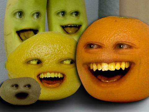 Annoying Orange, the human-faced fruit star of a hugely popular series of YouTube short videos, does a version of the old beer-company 'Wazzup' ads with his fruit buddies, bananas, lemon, kiwi and apple.