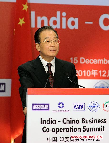 Chinese Premier Wen Jiabao addresses the India-China Business Cooperation Summit in New Delhi, India, Dec. 15, 2010. [Li Tao/Xinhua]