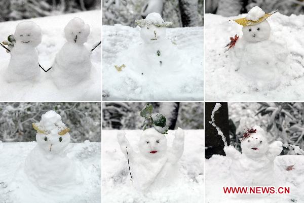 Combo picture taken on Dec. 15, 2010 shows tiny snowmen standing next to the west lake in Hangzhou, capital of east China&apos;s Zhejiang Province. Various parts of China, including Hangzhou, embraced the first snow of this winter on Wednesday.