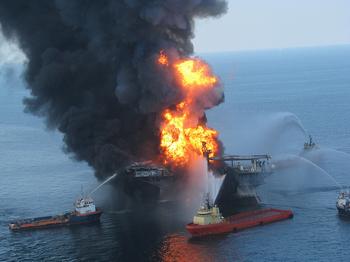 BP's Deepwater Horizon oil rig on fire in the Gulf of Mexico, April 21, 2010. [U.S. Coast Guard]