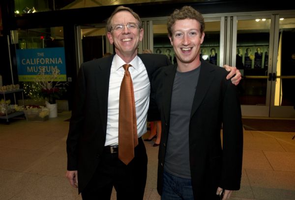 John Doerr (L), an American venture capitalist and Facebook founder Mark Zuckerberg pose for a photograph before attending a rehearsal at the California Museum for the Annual California Hall of Fame induction ceremony in Sacramento California, December 14, 2010.