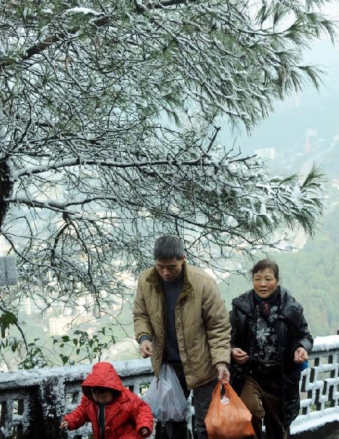 A Family climbs to the top of a mountain to view the snow scenery in Chongqing, Dec 16, 2010. [Xinhua]