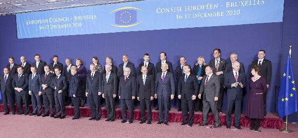 European Union (EU) leaders pose for a family photo during the EU Summit at the EU headquarters in Brussels, capital of Belgium, on Dec. 16, 2010. EU leaders began their two-day summit on Thursday, looking to amend the Lisbon treaty to pave the way for the establishment of a permanent rescue mechanism to restore market confidence. [Thierry Monasse/Xinhua]