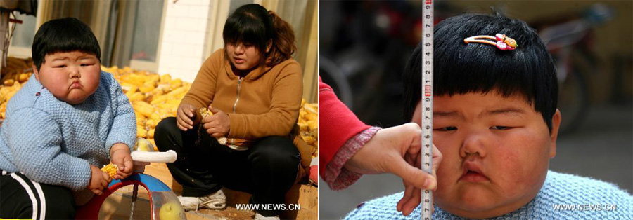 Fan Sijia grows to 107 centimeters, according to a flexible rule at her home in Dongniu Village of Yuncheng City, north China&apos;s Shanxi Province, on Nov. 4, 2010. Fan, a girl born in January 2008, weighs 45 kilograms though tried many ways to lose weight. Her overweight has become a problem for her family. [Xinhua]