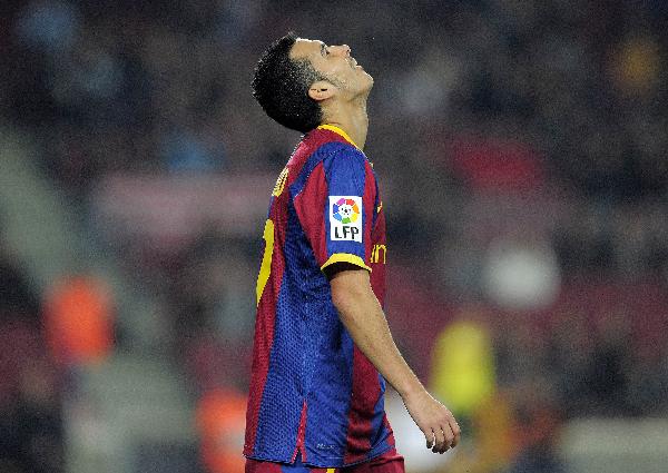 Barcelona's forward Pedro Rodriguez reacts during the Spanish King's Cup (Copa del Rey) football match Barcelona FC vs Athletic Bilbao on December 21, 2010 at the Camp Nou stadium in Barcelona. (Xinhua/AFP Photo)