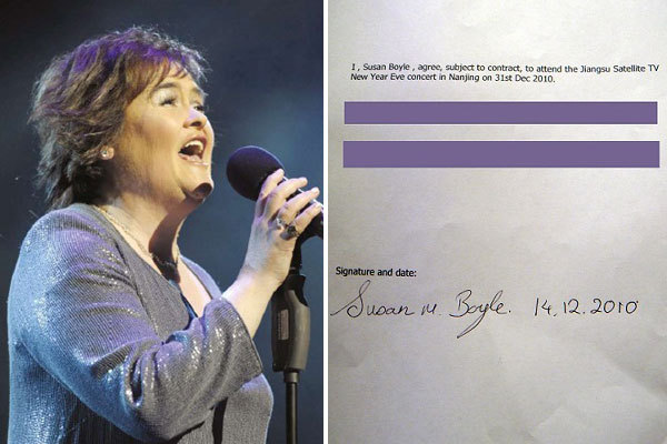 Left: Susan Boyle. Right: A photo released by Jiangsu Satellite TV shows Susan Boyle's signature on a contract agreeing to attend its New Year's Eve concert slated for December 31, 2010.