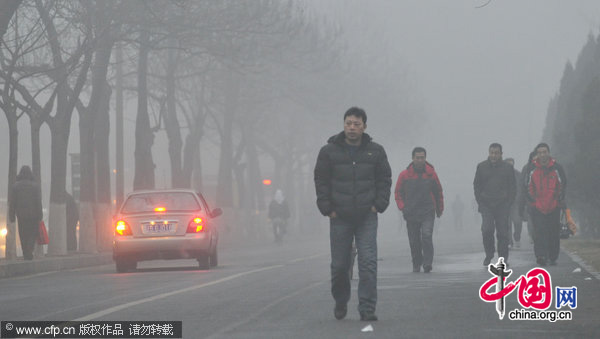 Cars drive in heavy fog in Dalian, Liaoning province, Dec 22, 2010. [Xinhua]