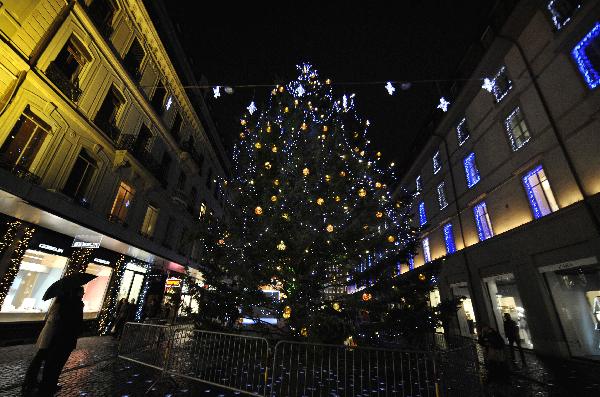 People show interest in a lighted Christmas tree in downtown Geneva, Switzerland, Dec. 23, 2010. The whole city is lit up to greet the upcoming Christmas. [Xinhua]