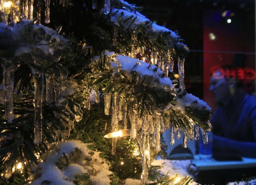 Icicles hang down from a Christmas tree in front of a man sitting in a cafe in central Moscow, Dec 26, 2010. [China Daily/Agencies]