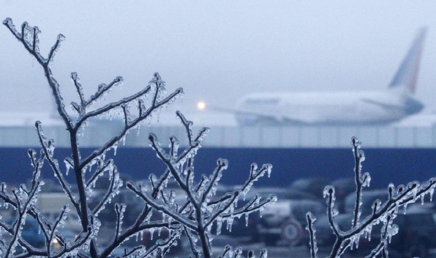 Branches of a tree are covered with ice, as a plane is seen in the background, at Moscow&apos;s Domodedovo airport, Dec 26, 2010. [China Daily/Agencies]