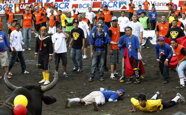 People look towards a bull in an improvised bullring during the annual bullfight festival in Zapote, near San Jose, Dec 28, 2010. [China Daily/Agencies]