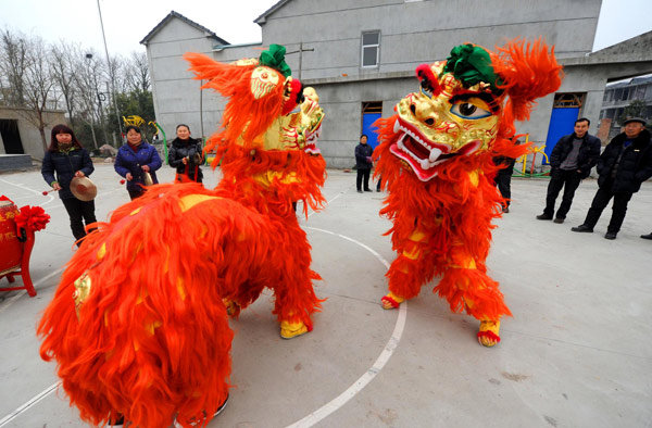 Villagers perform a lion dance for the Chinese Lunar New Year, or Spring Festival, which falls on Feb 3 this year, in Hongxingqiao township, East China&apos;s Zhejiang province, Jan 5, 2011. [Xinhua]