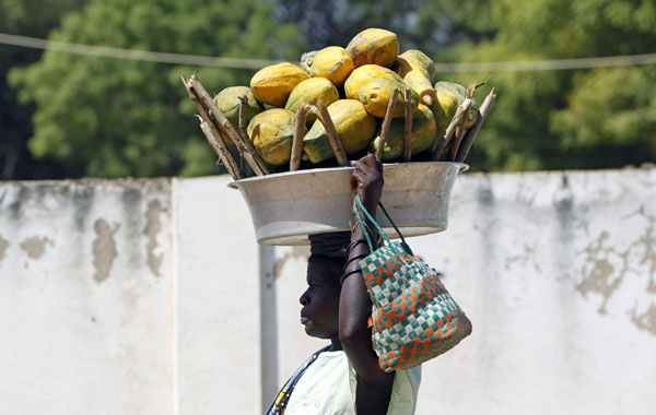 A southern Sudanese woman carries papaws over her head as she makes her way to the Konya Konya market in Juba, Jan 5, 2011. [China Daily/Agencies]