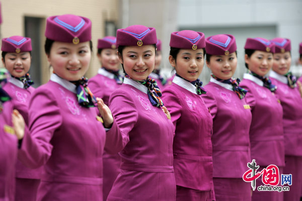 Stewards of Chongqing High-speed train have a training befor mount guard on January 8, 2011 in Chongqing, China. [CFP]