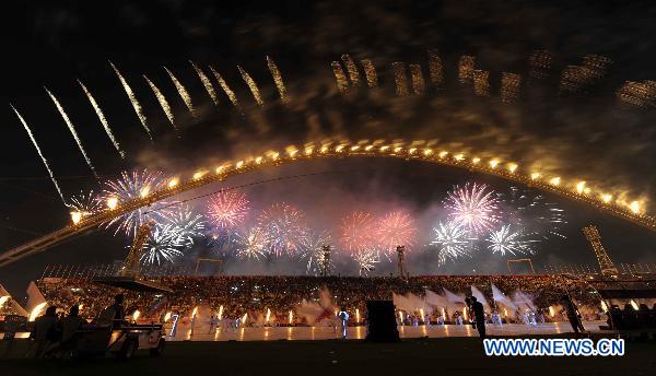 Fireworks explode during the opening ceremony of the 2011 Asian Cup football tournament at Khalifa Stadium in Doha, capital of Qatar, Jan. 7, 2011. (Xinhua/Tao Xiyi) 