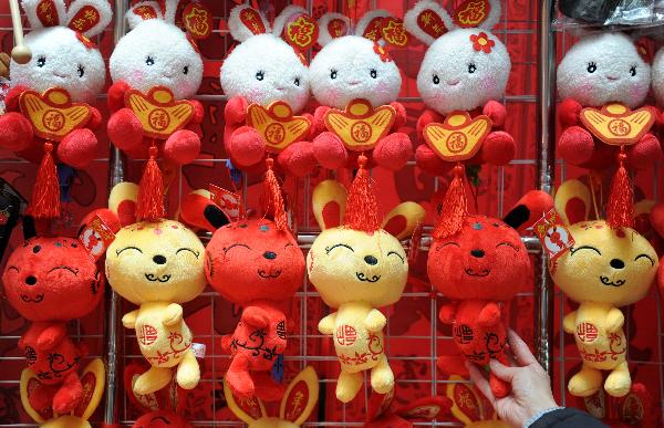 Rabbit toys are displayed at a store in Nanchang, capital of central China's Jiangxi Province, Jan. 9, 2011. The year 2011 is the 'Year of the Rabbit' under the 12-year Chinese lunar calendar in which each year is named after one of the twelve Chinese zodiac animals in turn. Therefore, besides traditional decorations for the Spring Festival, products related to rabbit won popularity among buyers this year. 