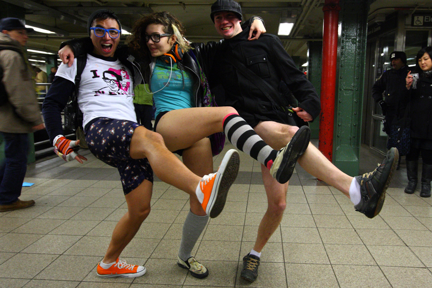 People taking part in the 10th Annual No Pants Subway Ride in New York City January 9, 2011. The New York event, organised by Improv Everywhere, involves participants who strip down to their underwear as they go about their normal routine. [Xinhua]