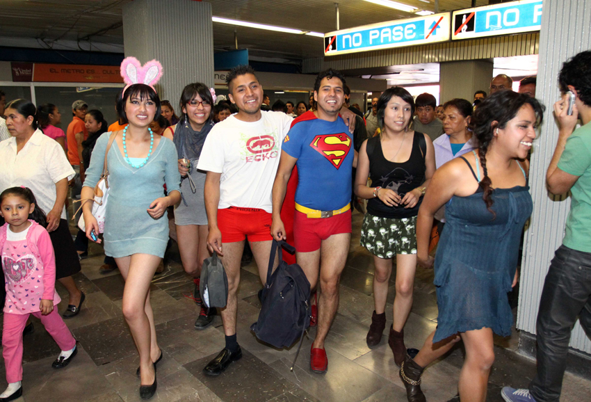 People taking part in the 10th Annual No Pants Subway Ride in New York City January 9, 2011. The New York event, organised by Improv Everywhere, involves participants who strip down to their underwear as they go about their normal routine. [Xinhua]