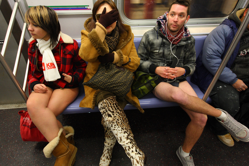 People taking part in the 10th Annual No Pants Subway Ride in New York City January 9, 2011. The New York event, organised by Improv Everywhere, involves participants who strip down to their underwear as they go about their normal routine. [Xinhua]