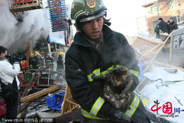 A firefighter rescues a cat at the explosion site on January 10, 2011 in Changchun, Jilin Province of China. The explosion occurred at 10:00 am at a restaurant, injured 14 customers and the reason is under investigation.[CFP] 