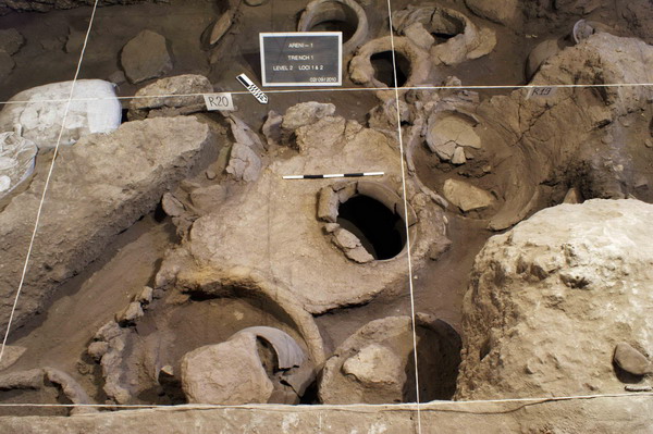 A wine press (C) is seen, behind which an archaeological identification kit is placed in this undated photograph released to Reuters on Jan 10, 2011. [China Daily/Agencies]