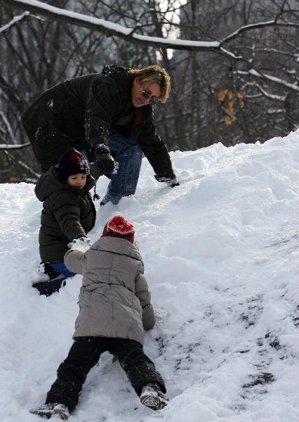 Children play in Central Park after an overnight snowfall in New York, the United States, Jan. 12, 2011. [Xinhua]