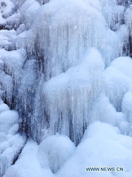 Photo taken on Jan. 12, 2011 shows the scenery of a frozen waterfall in a scenic area of Huangshan City, east China&apos;s Anhui Province. As the temperature fell a lot in Huangshan City recently, the rarely-seen frozen waterfall appeared, attracting a lot of tourists and photographers. [Xinhua]