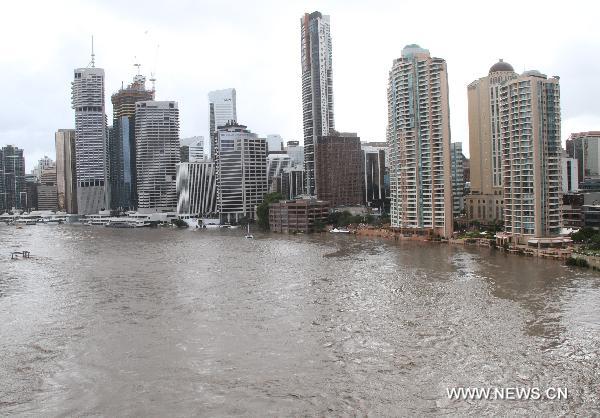 Buildings are soaked in flood water in Brisbane, Queensland, Australia on Jan. 12, 2011. The threat of further flooding is severe in Australia, where almost 20,000 homes in Brisbane were expected to be swamped in the city. Meanwhile, at least ten people have been killed and 78 are missing after flash floods swept across the state of Queensland. 