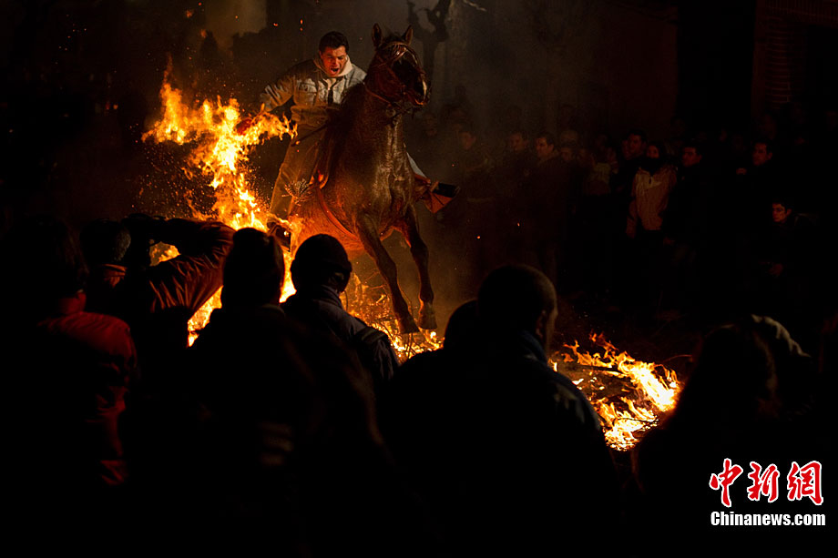 A man rides a horse through a bonfire on January 16, 2011 in the small village of San Bartolome de Pinares, Spain. In honor of San Anton, the patron saint of animals, horses are riden through the bonfires on the night before the official day of honoring animals in Spain. [Chinanews.com]