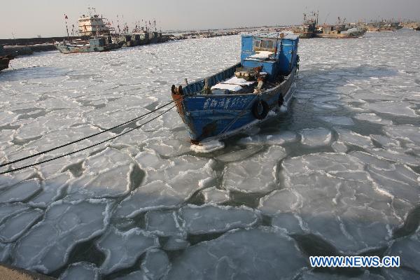 Fishing boats are seen stranded by ice at Zhifu Island in eastern China's Shandong Province, Jan. 17, 2011. The thickness of the freezing ice has amounted to 15 to 20 centimeters due to continuous cold waves while most offshore activities were forced to be halted. 