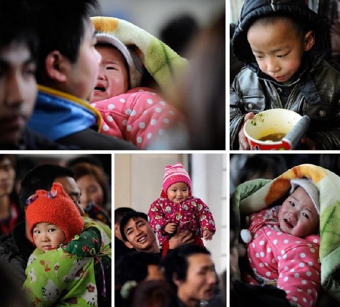  Children and their parents wait for their train at a railway station in Yinchuan, capital city of Northwest China&apos;s Ningxia Hui autonomous region, Jan 19, 2011. [Photo/Xinhua]