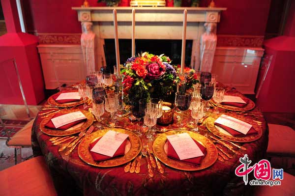 A table setting for the state dinner hosted by US President Barack Obama for President Hu Jintao is shown at the White House in Washington Jan 19, 2011. [Photo/CFP] 