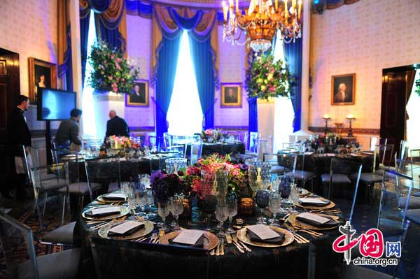 A table setting for the state dinner hosted by US President Barack Obama for President Hu Jintao is shown at the White House in Washington Jan 19, 2011. [Photo/CFP] 