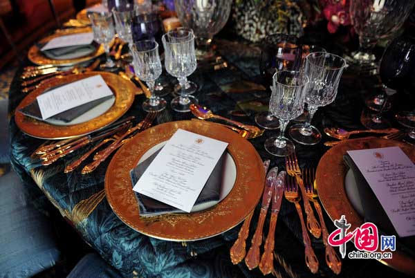 A table setting for the state dinner hosted by US President Barack Obama for President Hu Jintao is shown at the White House in Washington Jan 19, 2011. [Photo/CFP] 