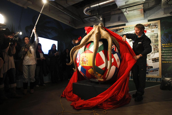 A monument of the octopus Paul is presented at the Sea Life aquarium in the western German city of Oberhausen, Jan 20, 2011. World Cup oracle Octopus Paul died in Oct 2010. [Xinhua]