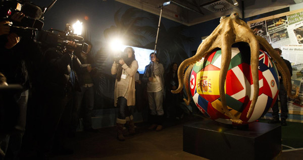 A monument of the octopus Paul is presented at the Sea Life aquarium in the western German city of Oberhausen, Jan 20, 2011. World Cup oracle Octopus Paul died in Oct 2010. [Xinhua]