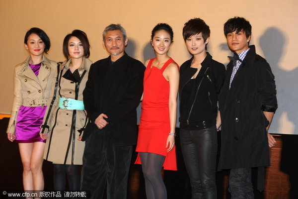 Director Tsui Hark (Picture 1: 3rd from left) leads cast members of 'The Flying Swords of Dragon Gate' in promoting the film in Beijing on Monday, January 24, 2011.