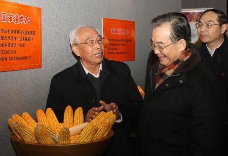Chinese Premier Wen Jiabao (2nd R) listens as agricultural expert Cheng Xiangwen introduces a new species of corn at an agricultural research institute in Hebi City of central China&apos;s Henan Province, Jan. 22, 2011. [Xinhua] 