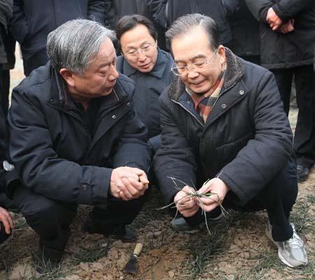 Chinese Premier Wen Jiabao (R Front) inspects the drought conditions at a field in Hebi City of central China&apos;s Henan Province, Jan. 22, 2011. Wen Jiabao wrapped up an inspection tour of the drought-hit Henan Province from Friday to Saturday, urging more efforts by local governments to ensure agricultural production threatened by the prolonged drought in many of China&apos;s grain producing areas. 