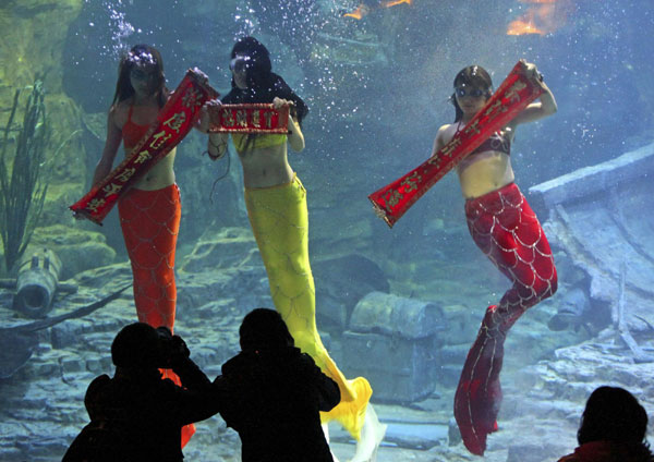 Mermaids showcase couplets to greet upcoming Spring Festival in Donghu Ocean World of Wuhan, capital of Central China&apos;s Hubei province, Jan 25, 2011. [Xinhua]