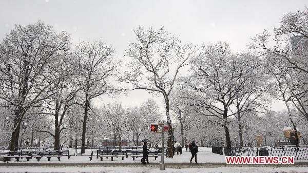 A pedestrian walks in the snow at the Battery Park in New York, the United States, Jan. 26, 2011. 