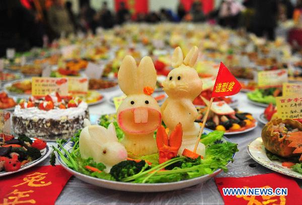 Photo taken on Jan. 27, 2011 shows rabbit-themed dish during a grand feast held at the Baibuting Community in Wuhan, capital of central China's Hubei Province. 